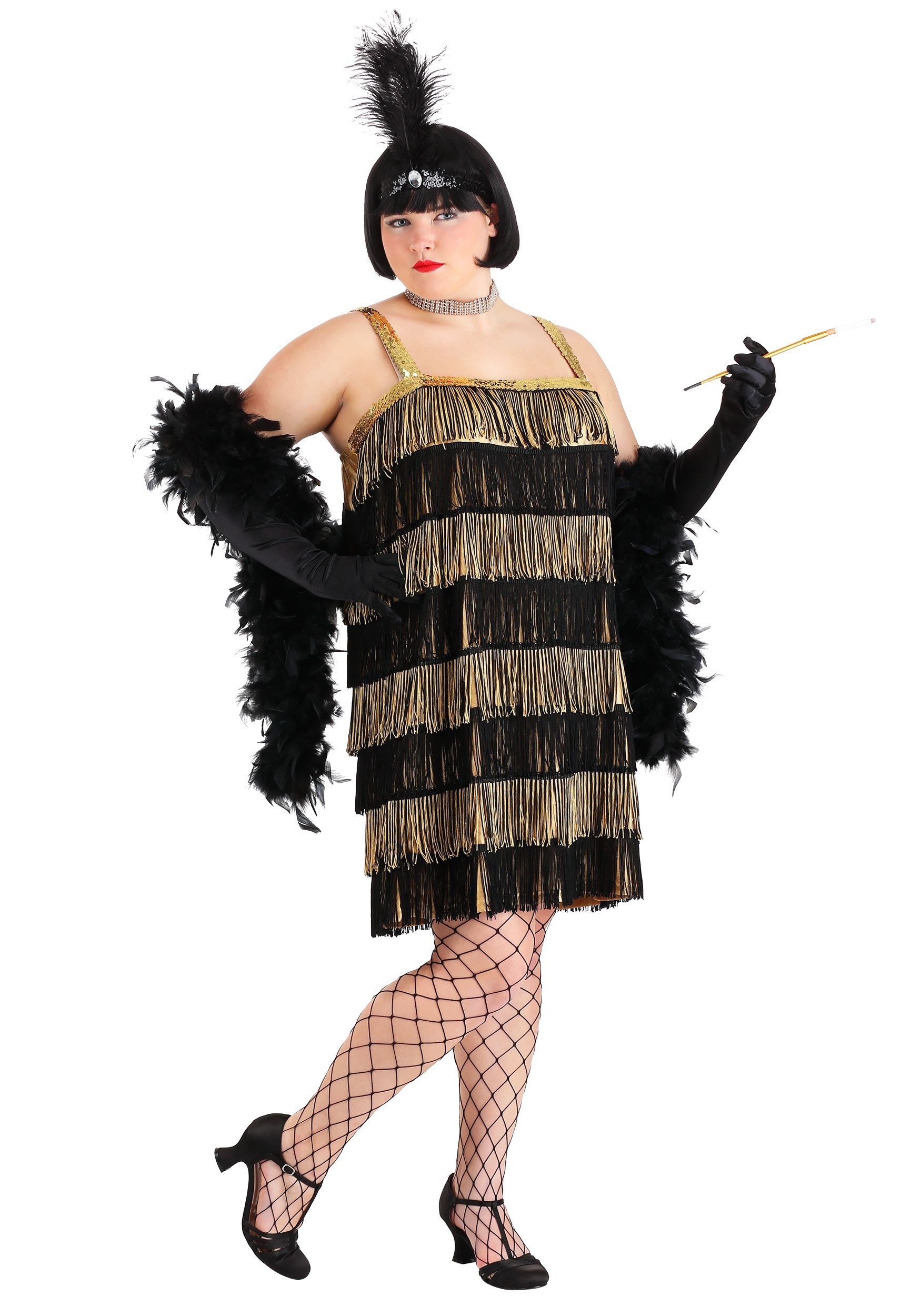 Women's Gold and Black Fringe Flapper Plus Size Costume