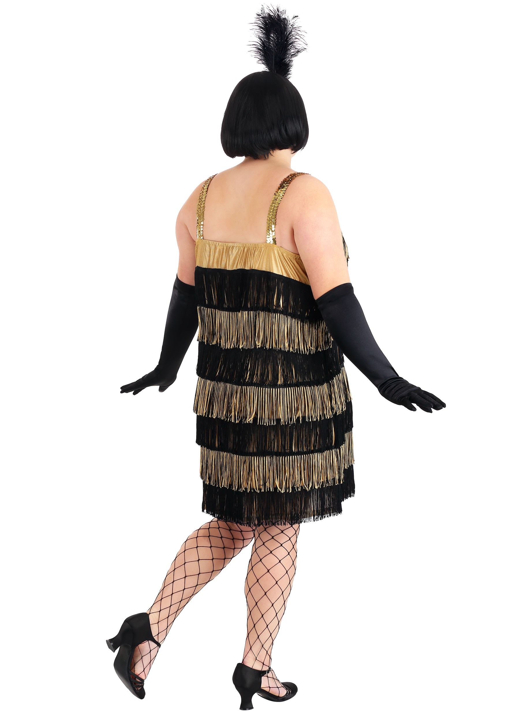 Women's Gold and Black Fringe Flapper Plus Size Costume