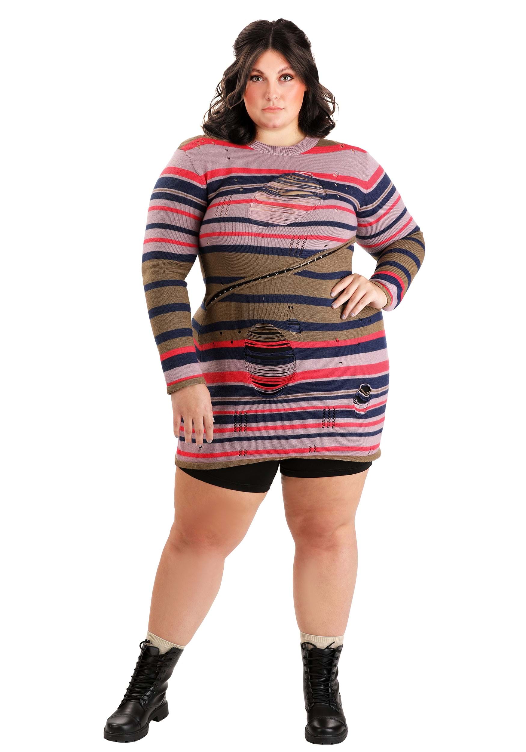 Women's Plus Size Astrid Striped Distressed Sweater Dress with Bike Shorts
