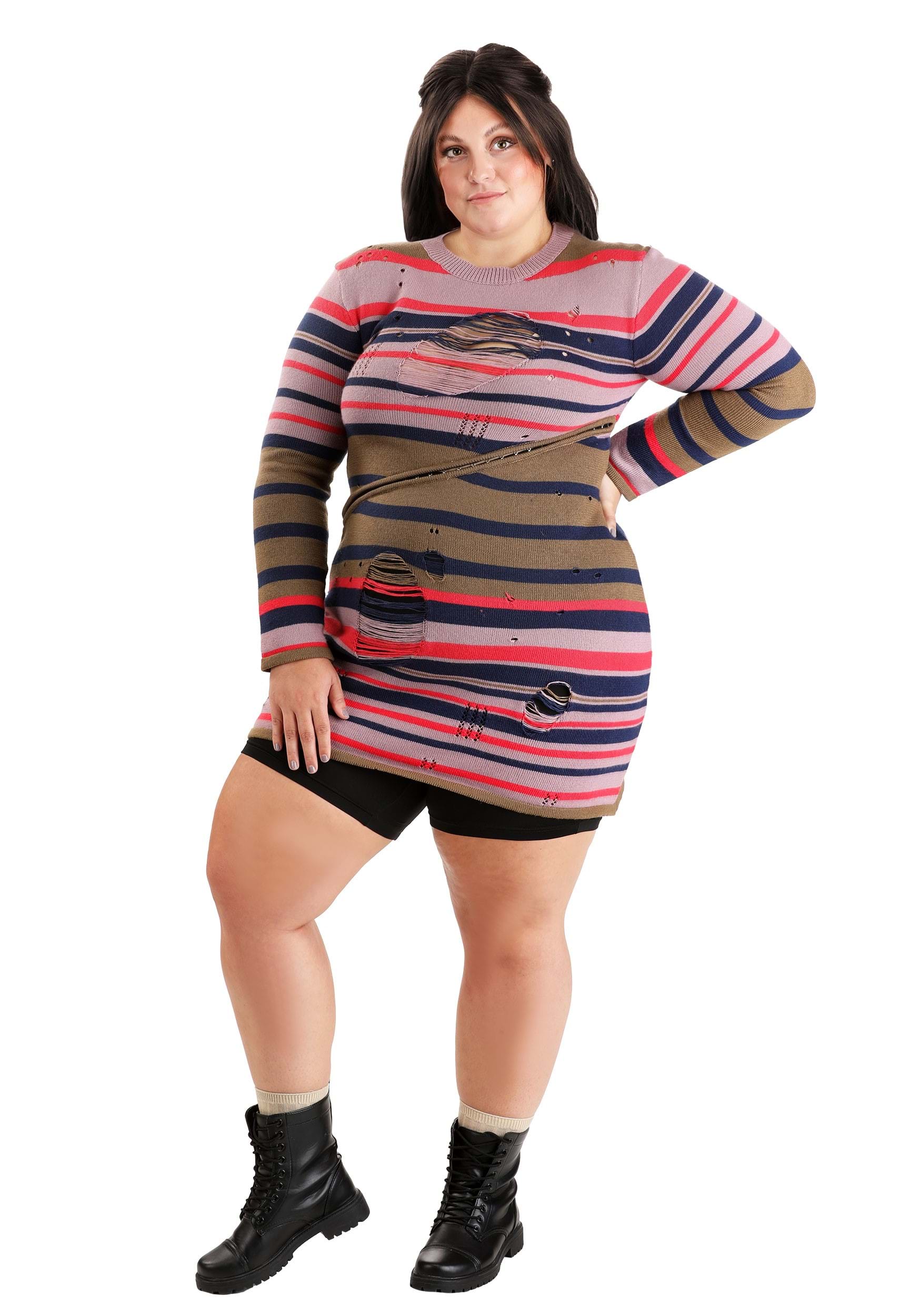 Women's Plus Size Astrid Striped Distressed Sweater Dress with Bike Shorts