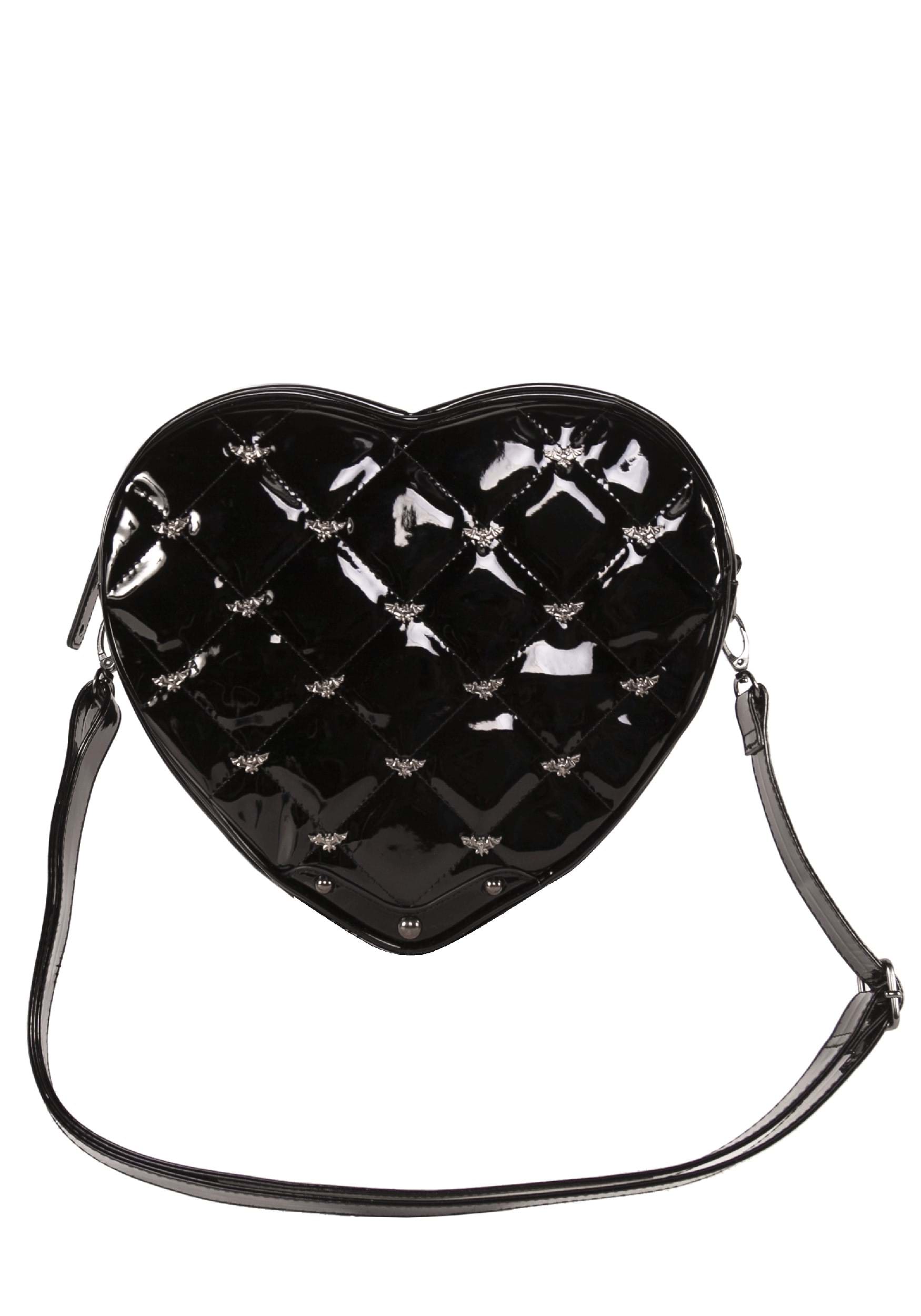 Faux Patent Bat Studded Quilted Heart Purse