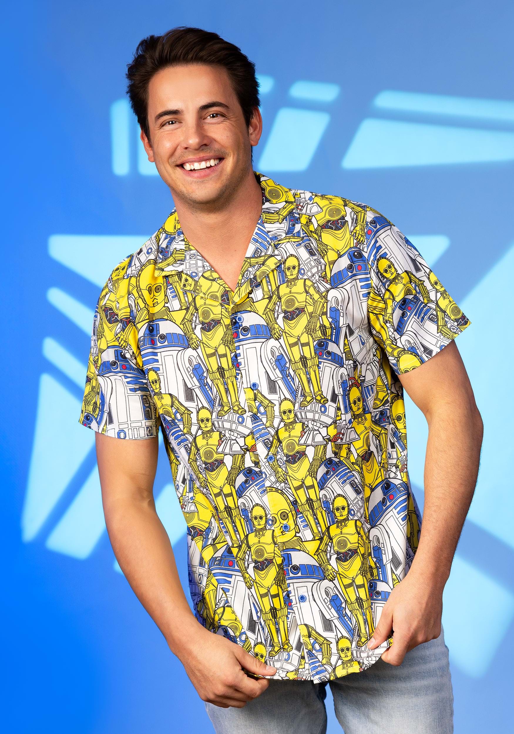Adult Cakeworthy Star Wars Droid AOP Button Up Shirt 1 Adult Cakeworthy Star Wars Droid AOP Button Up Shirt