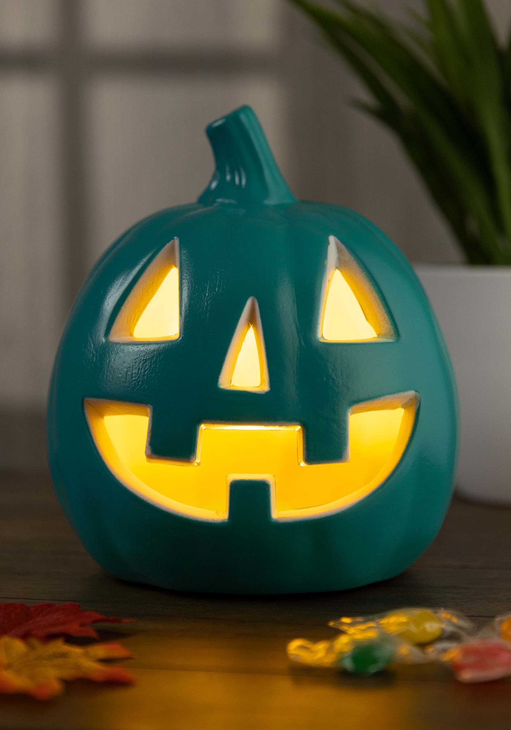 9-Inch Light Up Teal Pumpkin Halloween Decoration