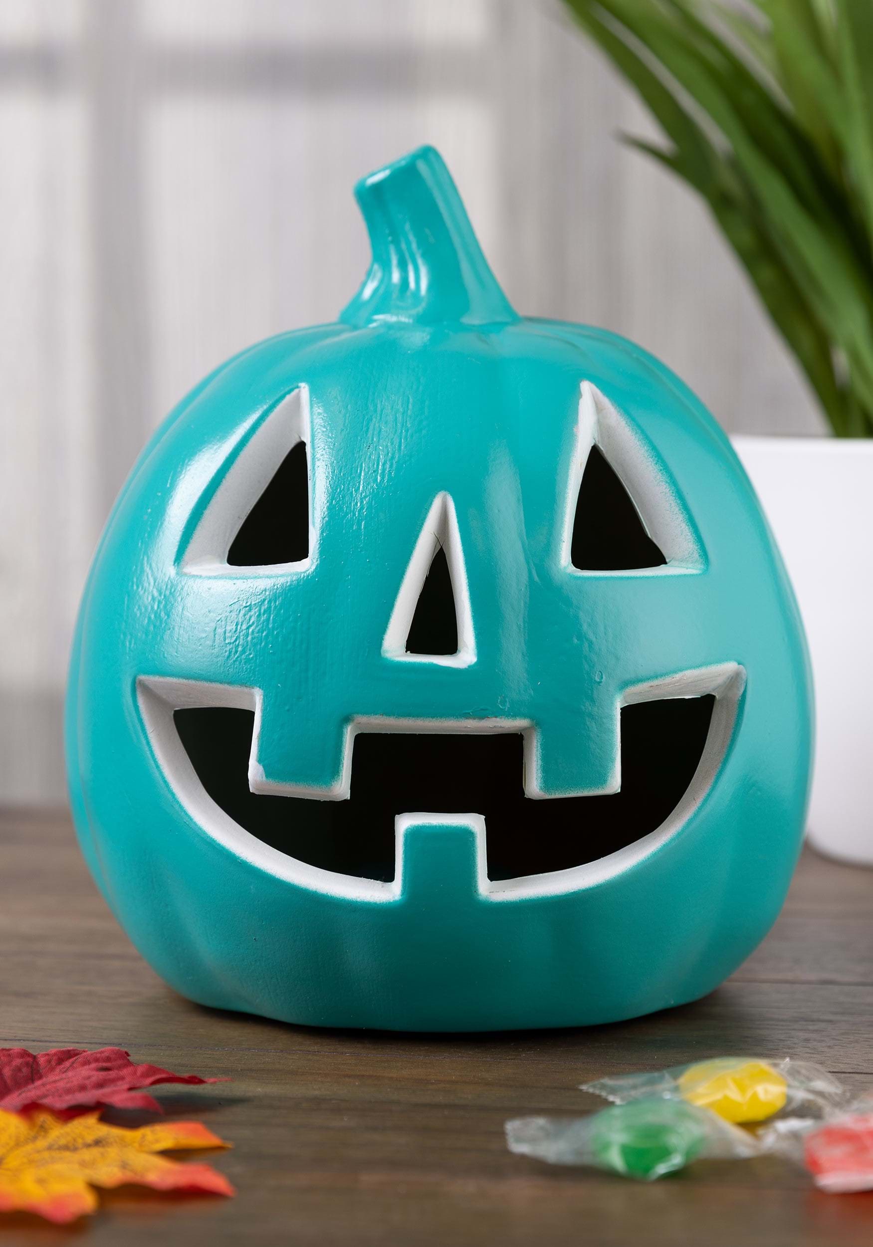 9-Inch Light Up Teal Pumpkin Halloween Decoration