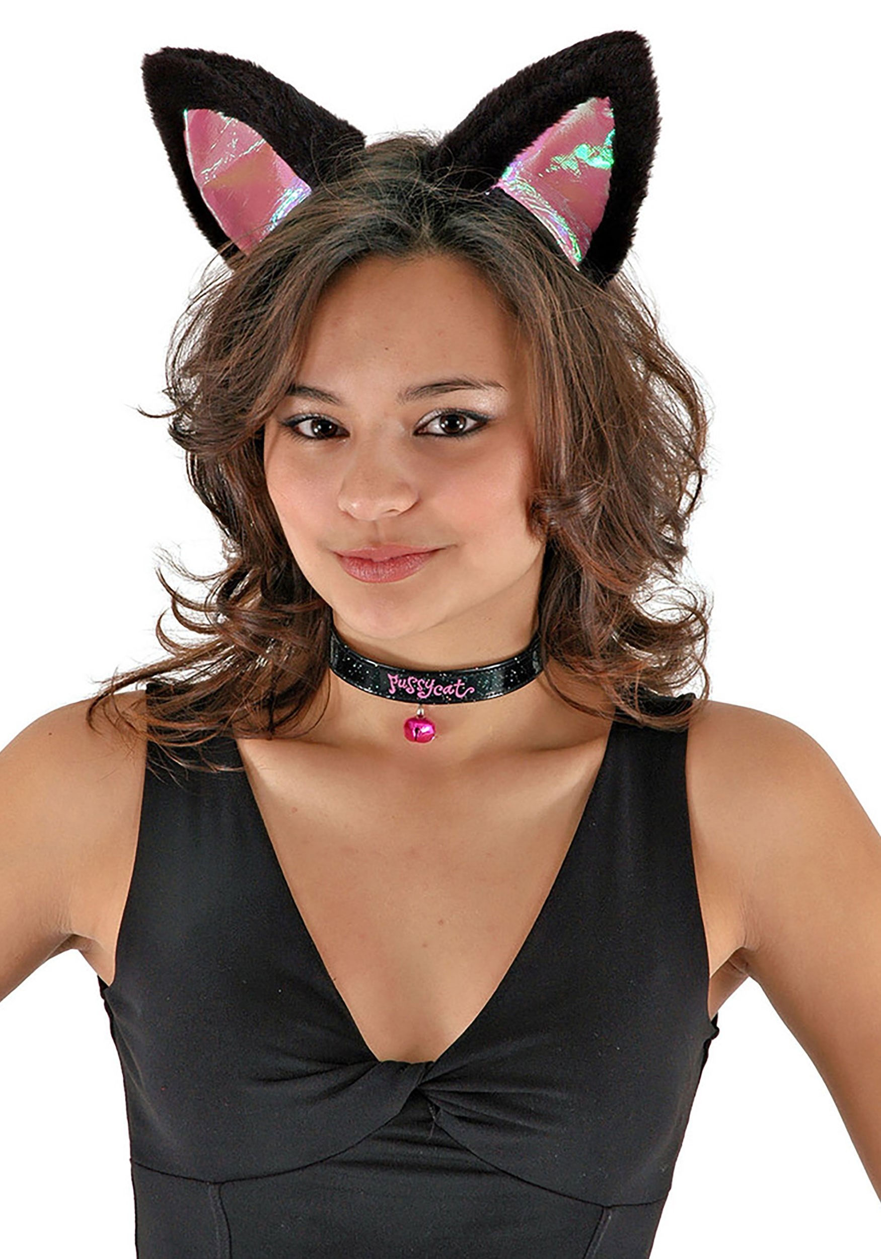 Cat Ears Headband Tail & Collar Kit Black & Pink
