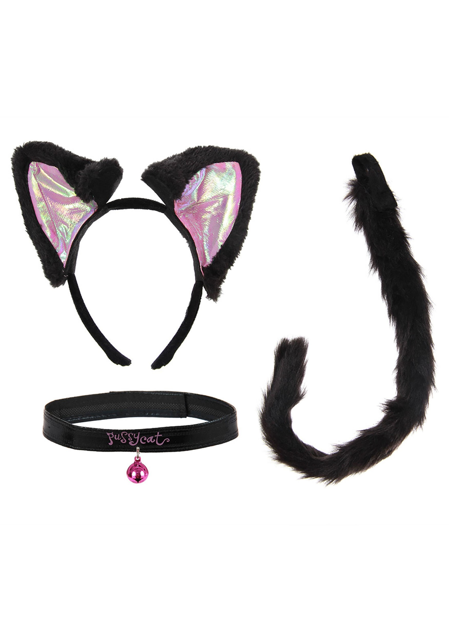 Cat Ears Headband Tail & Collar Kit Black & Pink