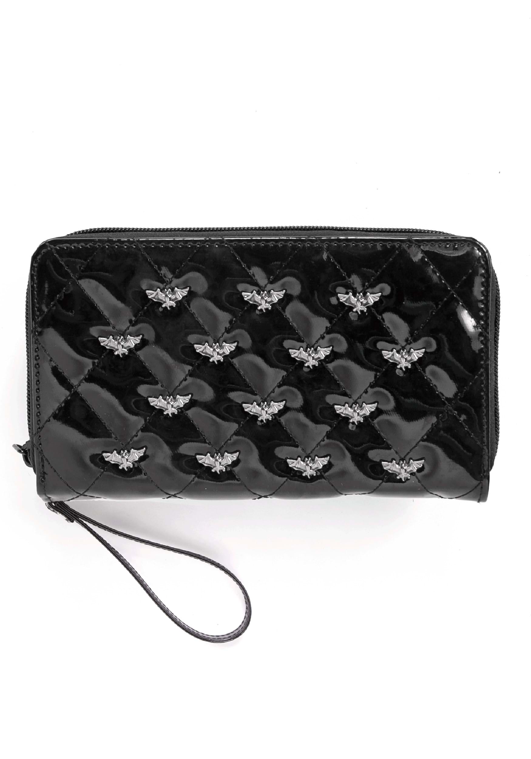 Bat Studded Quilted Faux Patent Black Zip-Around Wallet