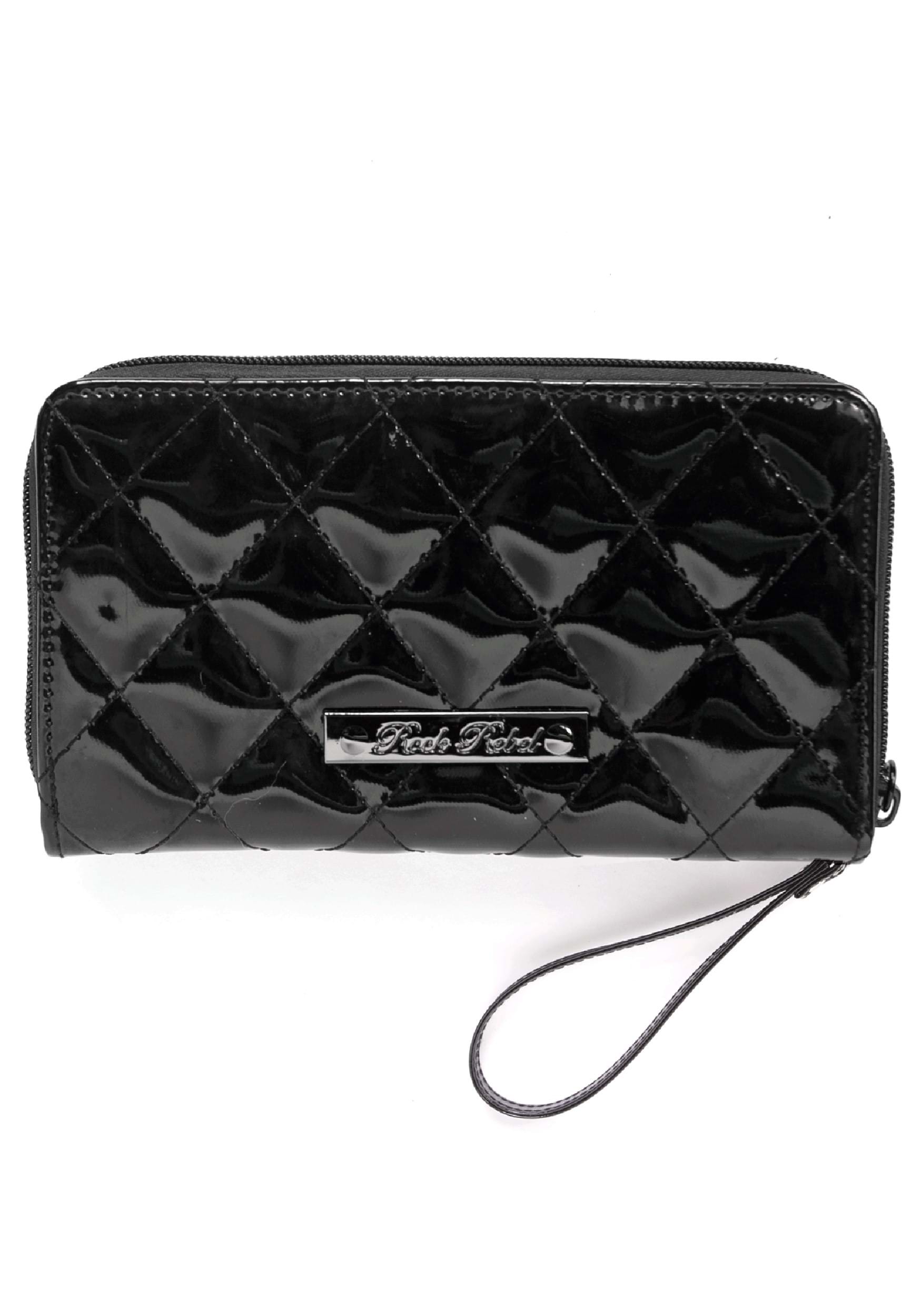 Bat Studded Quilted Faux Patent Black Zip-Around Wallet