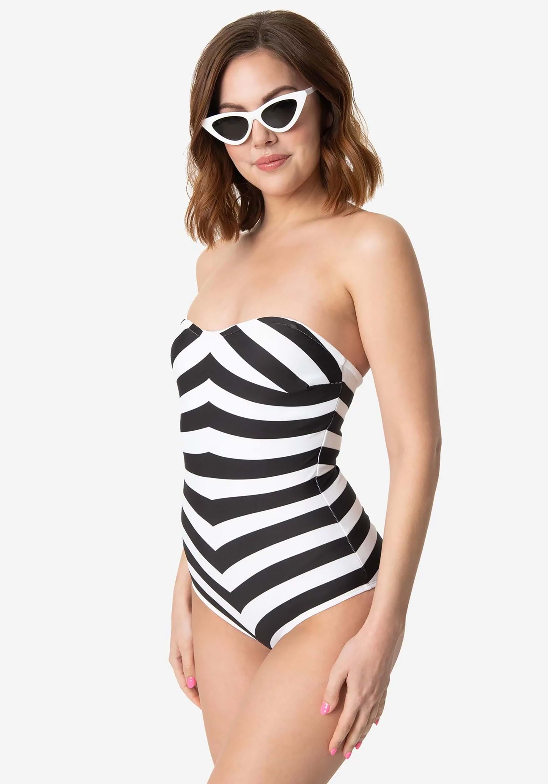 Barbie x Unique Vintage One Piece Black & White Chevron Stripe Bathing Suit 1 Barbie x Unique Vintage One Piece Black & White Chevron Stripe Bathing Suit