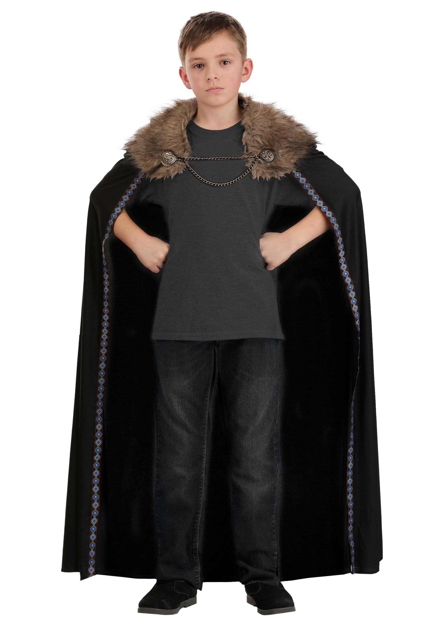 Kid's Black Faux Fur Collar Viking Costume Cape