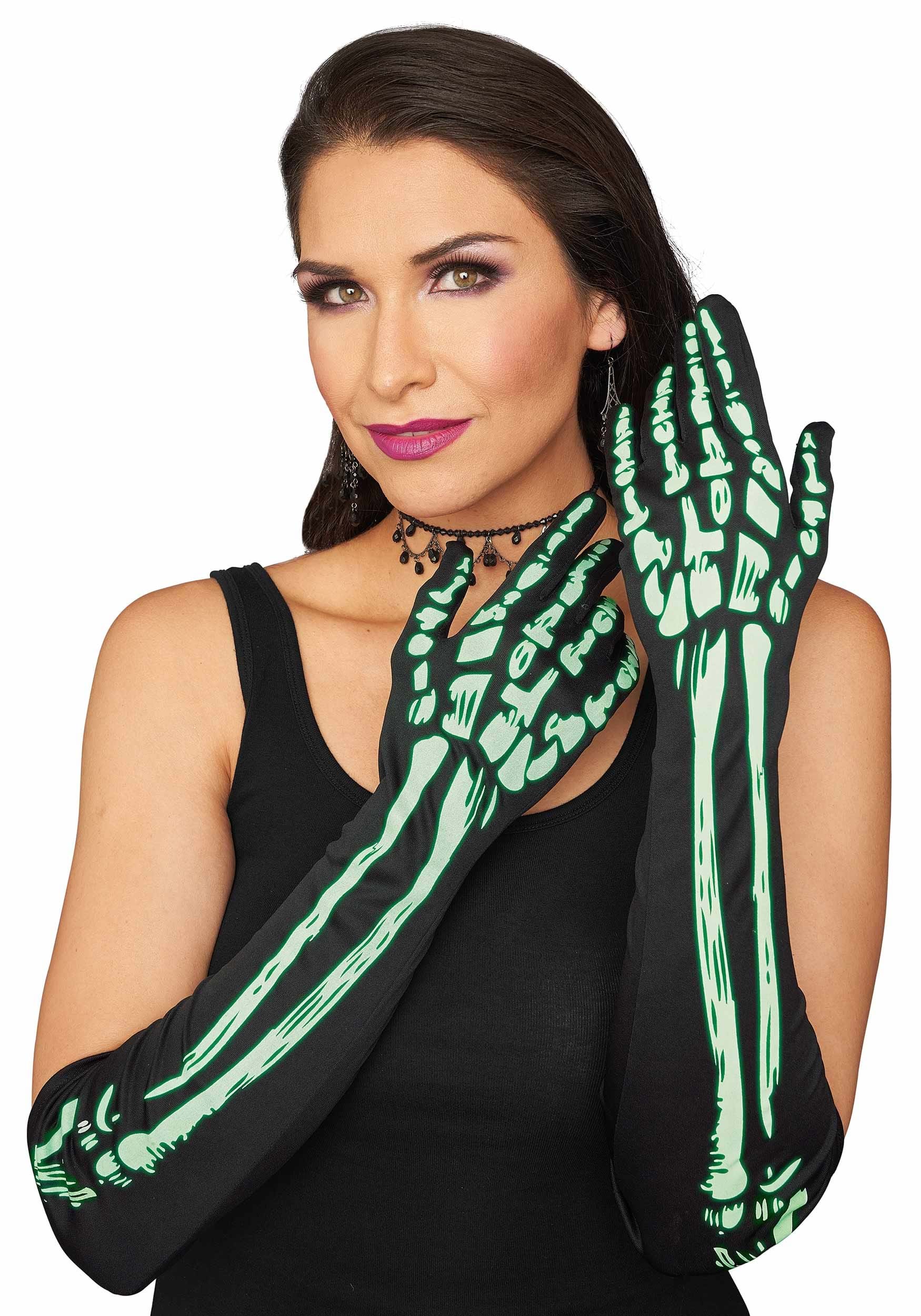 Adult Glow in the Dark Elbow Length Skeleton Gloves 1 Adult Glow in the Dark Elbow Length Skeleton Gloves